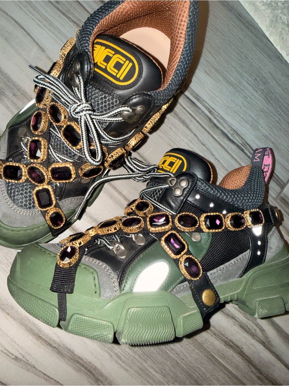 Gucci Green, Black & Gold Chunky Sneakers with Jeweled Straps